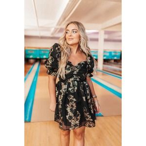 Buddy Love Puff Sleeve Black and Gold Mini Dress